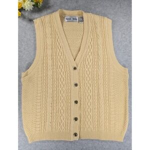Vintage Baxter & Wells Cable Knit Buttoned V Neck Sweater Vest Top Beige Medium